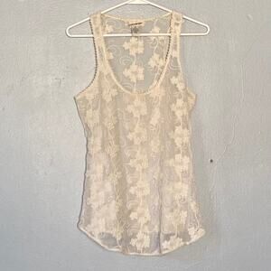 Lucky Brand Top Size XS Lace Crohet Floral Pattern Tank top Cream Ivory Sheer